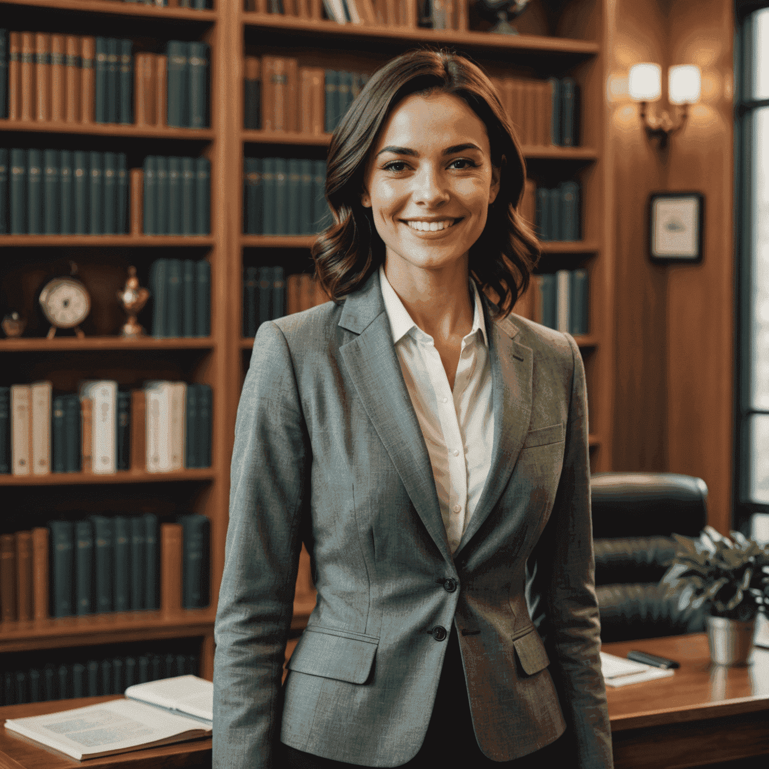 Simone Tebet sorrindo, vestida formalmente, em pé em frente a uma estante de livros em um escritório elegante