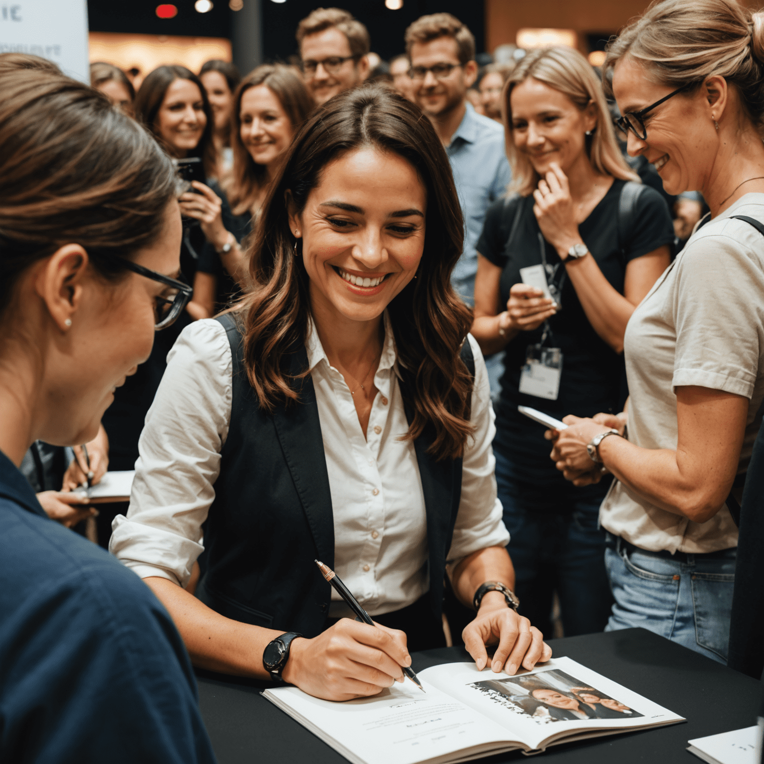 Simone Tebet sorrindo e autografando seu livro em um evento de lançamento, cercada por fãs entusiasmados