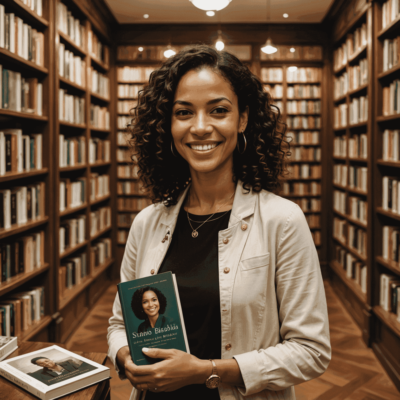 Imagem de Simone Tebet sorrindo, segurando seu novo livro autobiográfico em um cenário elegante de livraria em São Paulo