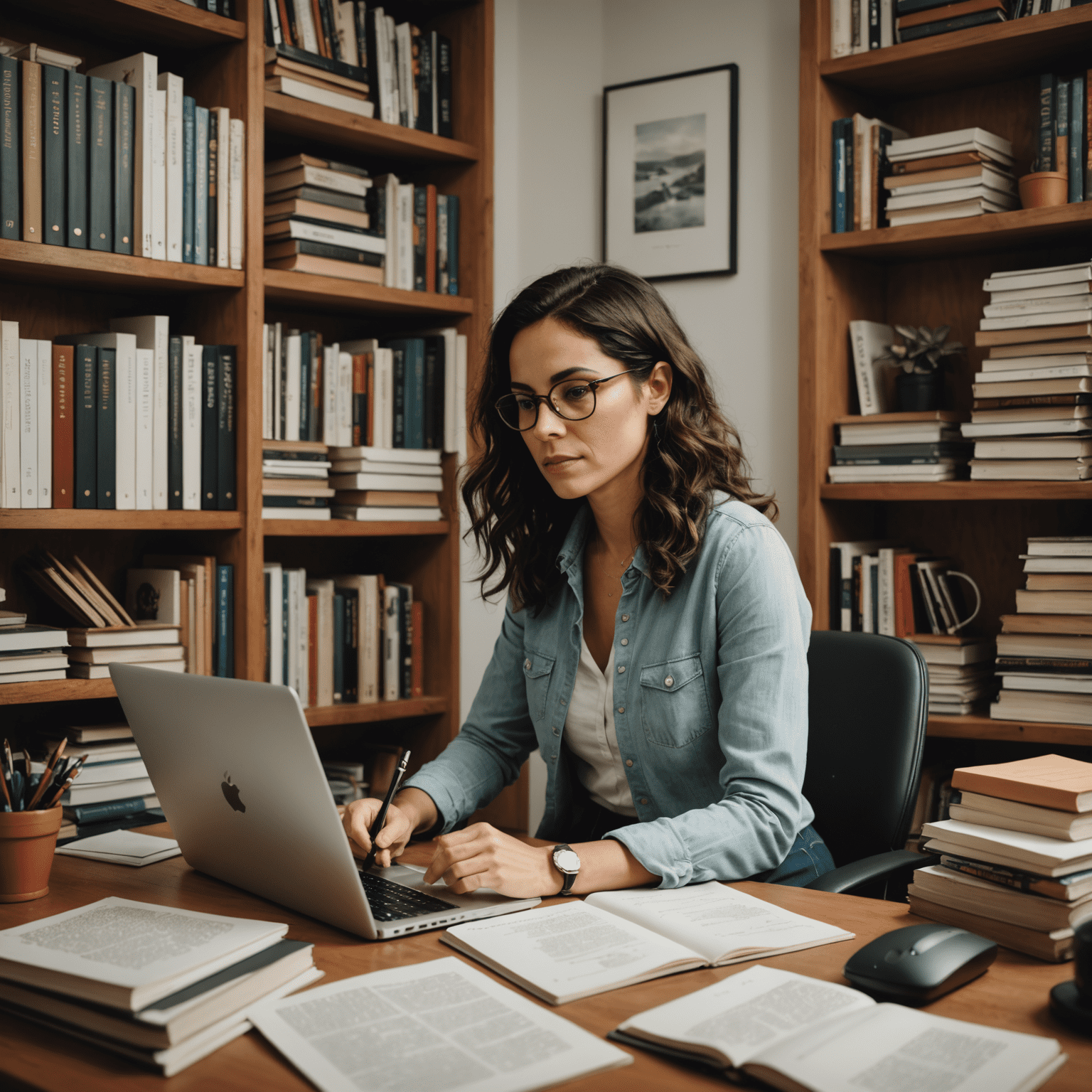 Imagem de Simone Tebet em seu escritório, cercada por livros e papéis, escrevendo em um laptop, ilustrando seu processo de escrita e a criação de um best-seller brasileiro.