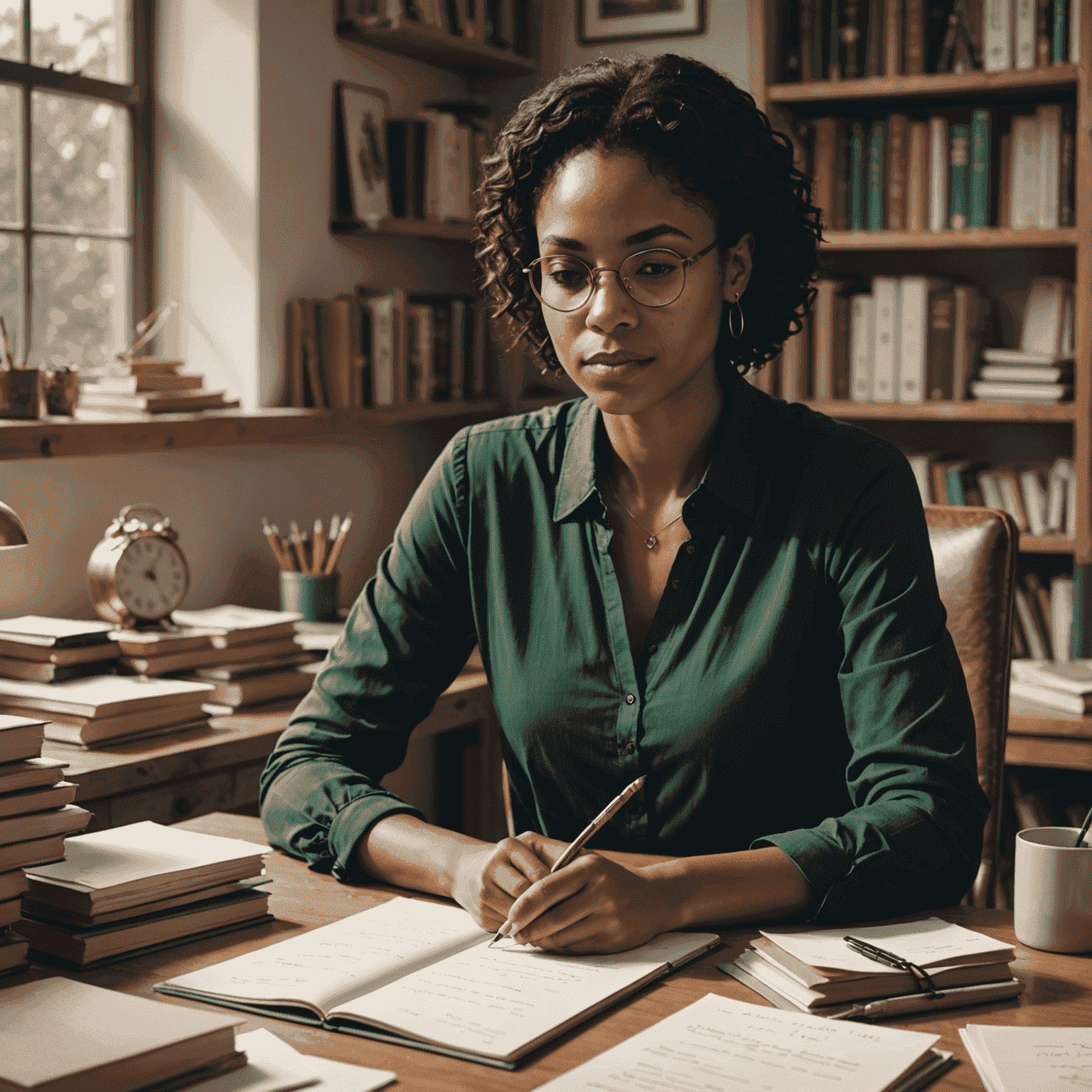 Imagem de Simone Tebet sentada em sua mesa, escrevendo em um notebook, com papéis e livros espalhados ao redor