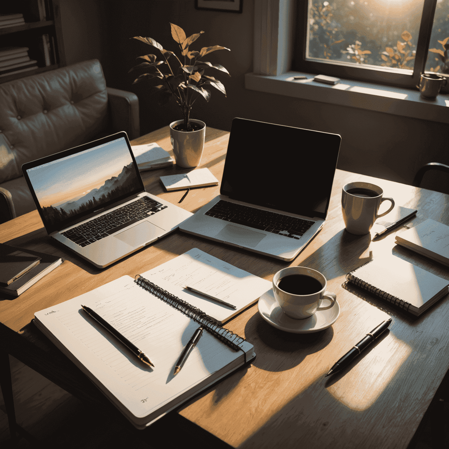 Mesa de trabalho de Simone Tebet com um laptop, cadernos, canetas e uma xícara de café, iluminada pela luz do amanhecer